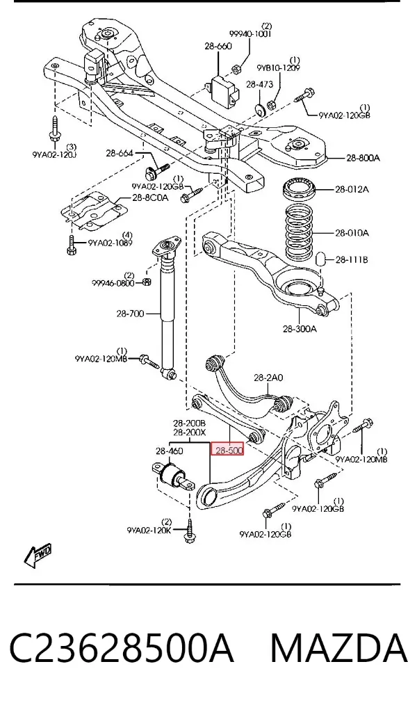 Brazo transversal de suspensión trasera C23628500A Mazda