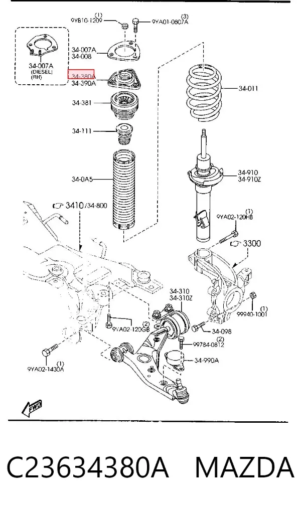Soporte del amortiguador delantero derecho C23634380A Mazda