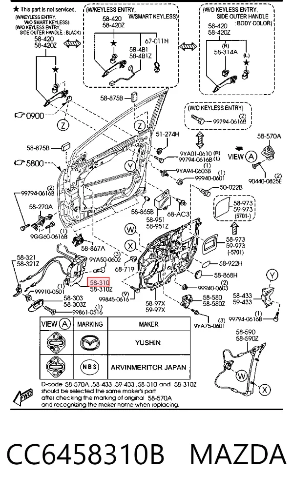 Cerradura de puerta delantera derecha CC6458310B Mazda