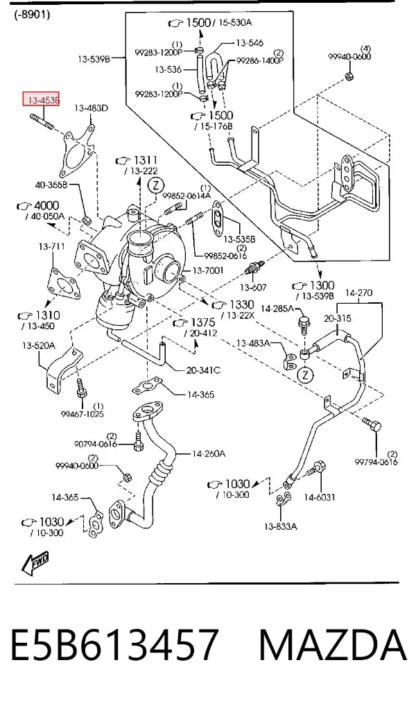 Perno (espárrago) de fijación de la turbina E5B613457 Mazda