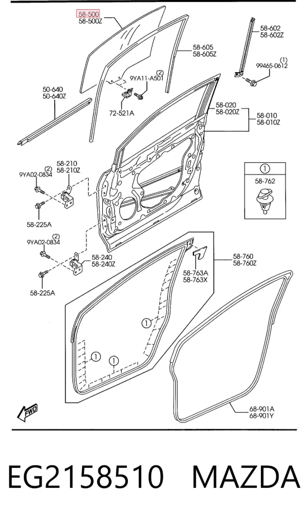 Cristal de puerta delantera derecha EG2158510 Mazda