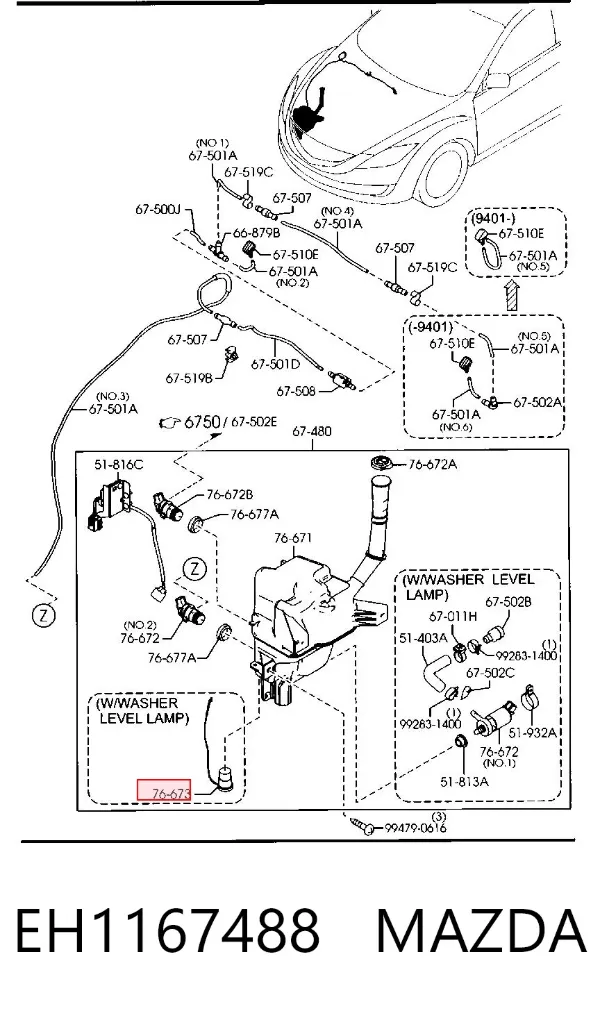 Sensor de nivel del depósito de líquido limpiaparabrisas EH1167488 Mazda
