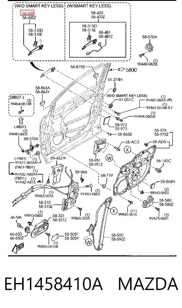 Manija exterior derecha de puerta delantera EH1458410A Mazda