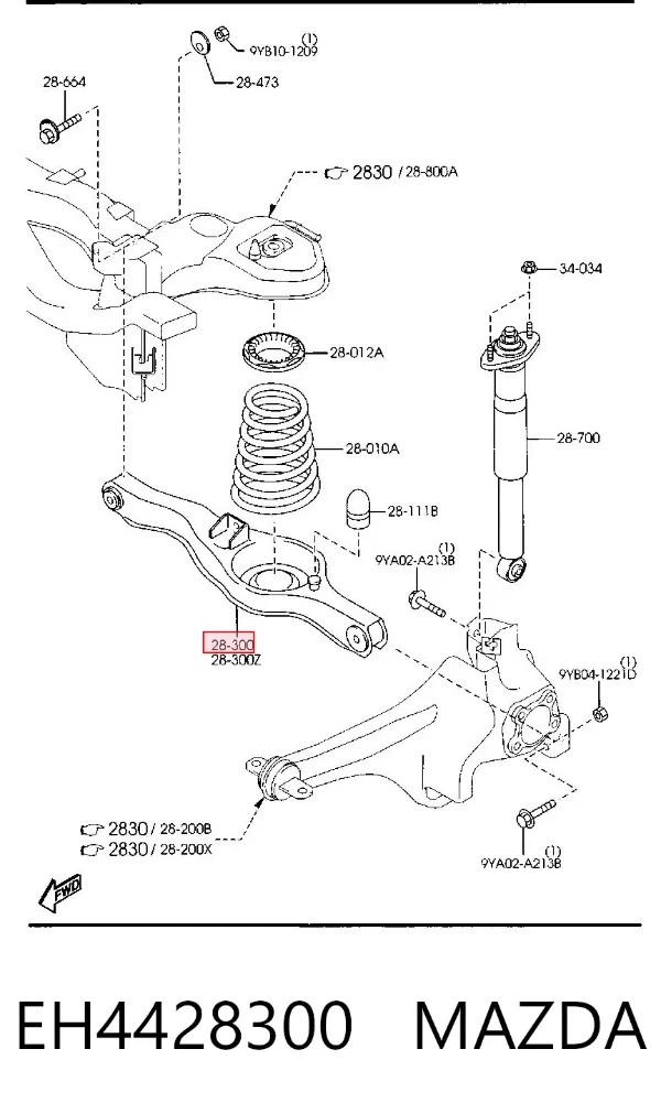 Brazo de suspensión trasero inferior derecho EH4428300 Mazda