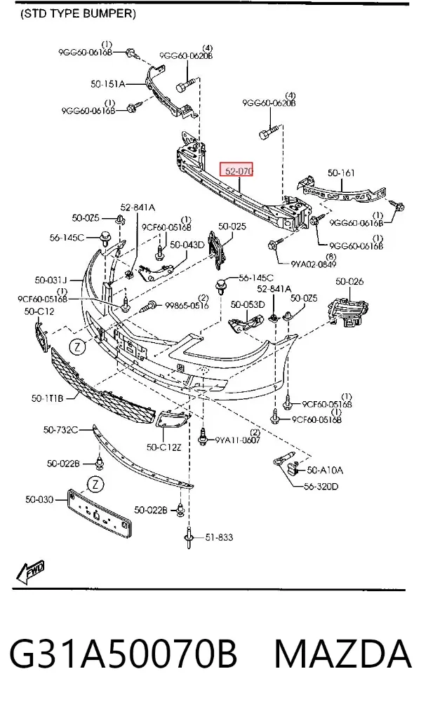Refuerzo parachoque delantero G31A50070B Mazda