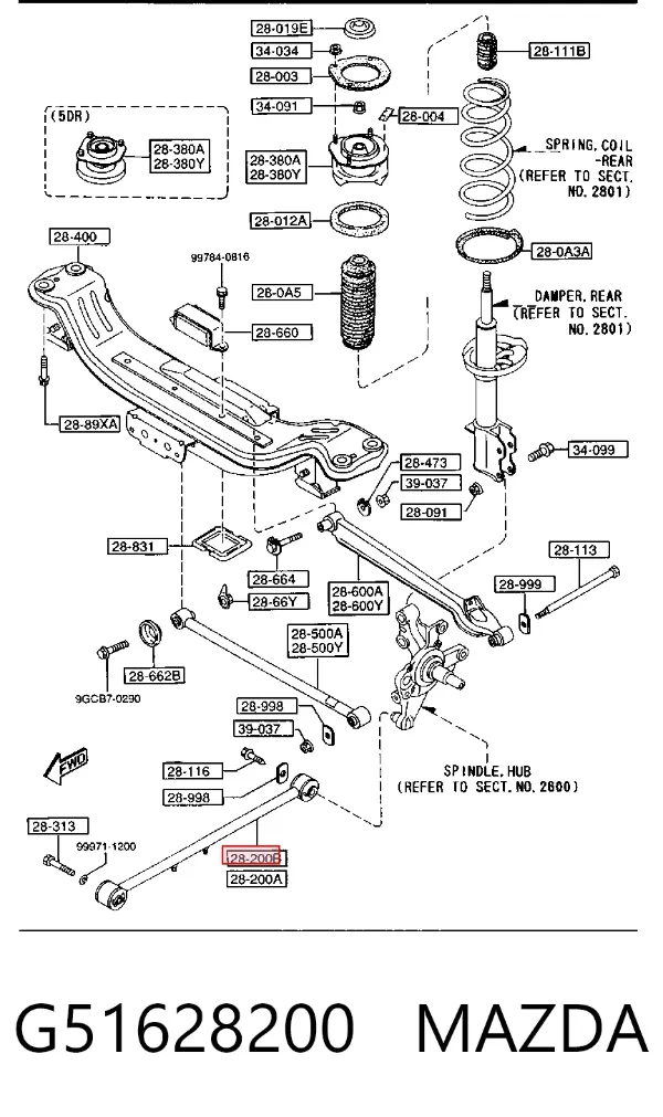 Brazo longitudinal inferior trasero izquierdo/derecho G51628200 Mazda