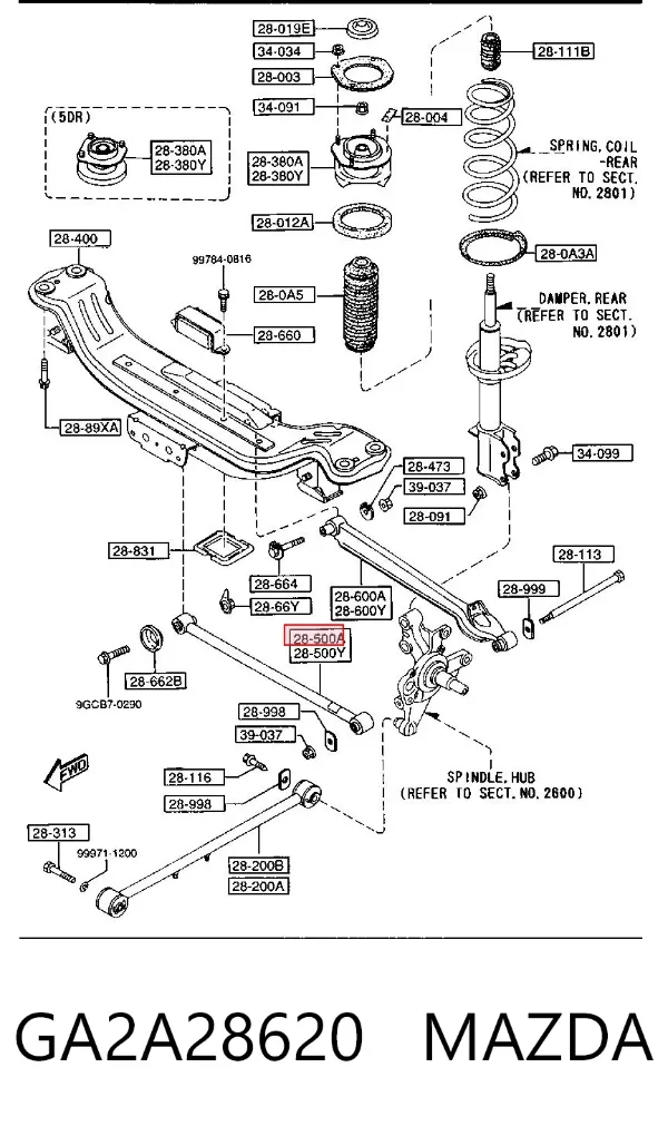 Barra transversal de la suspensión trasera GA2A28620 Mazda
