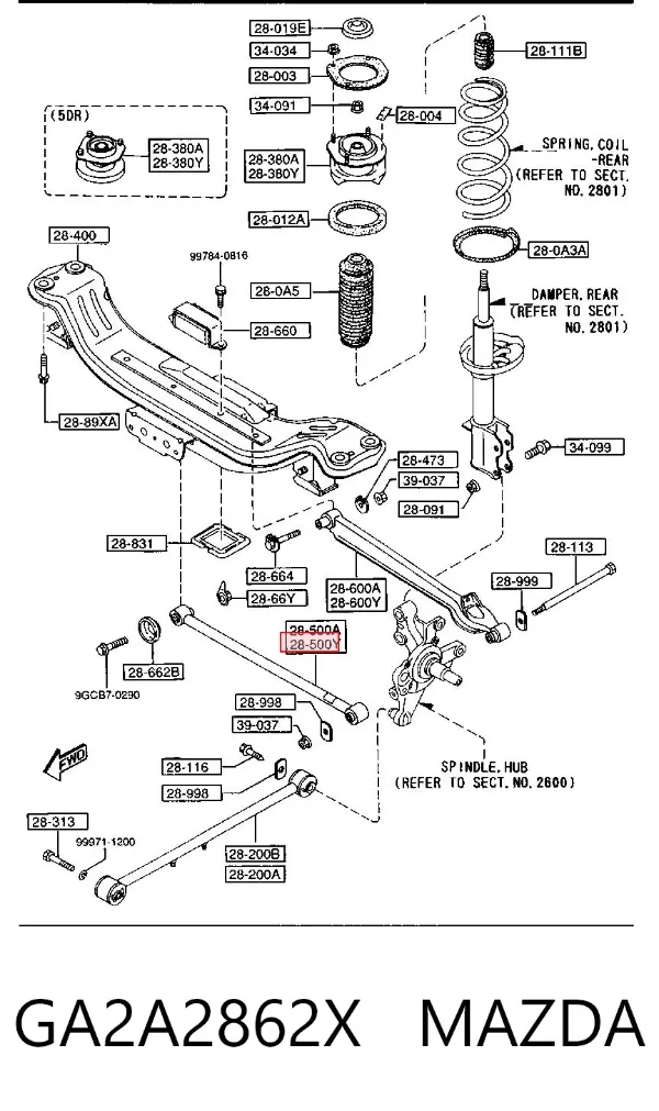 Barra transversal de la suspensión trasera GA2A2862X Mazda