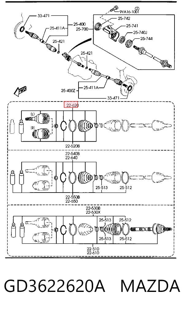 Junta homocinética interna delantera izquierda GD3622620A Mazda