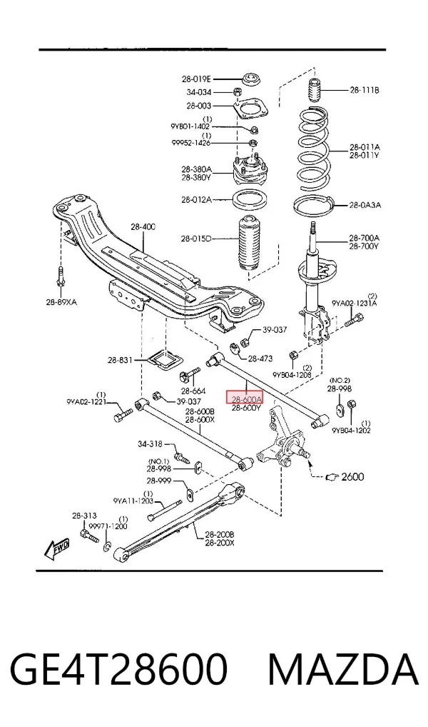 Brazo transversal derecho de suspensión trasera GE4T28600 Mazda