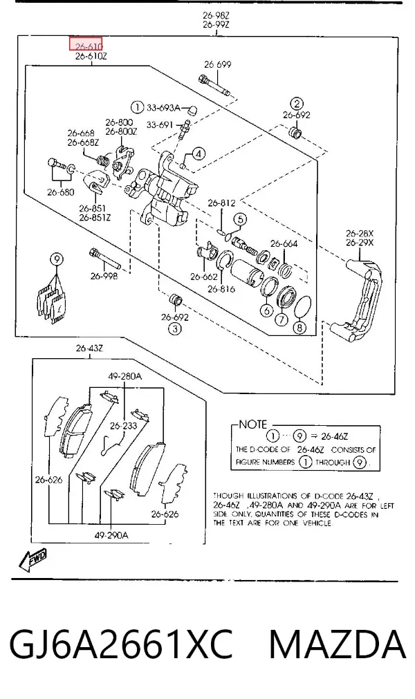 Pinza de freno trasera derecha GJ6A2661XC Mazda