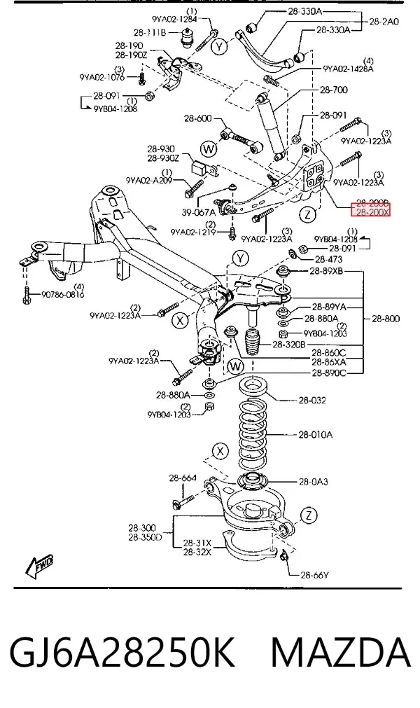 Barra oscilante, suspensión de ruedas, trasera izquierda GJ6A28250K Mazda