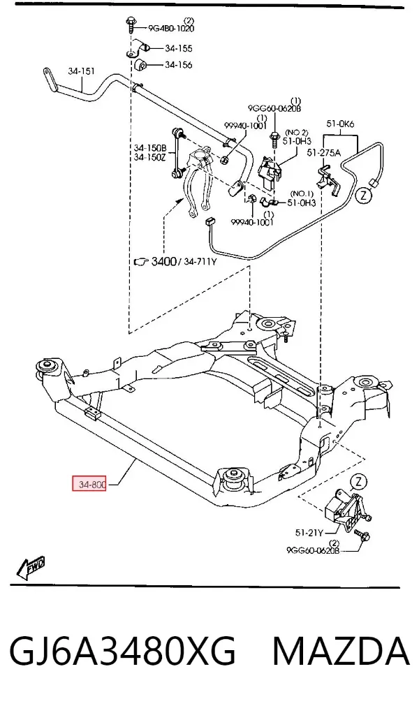 Subchasis delantero soporte motor delantero GJ6A3480XG Mazda