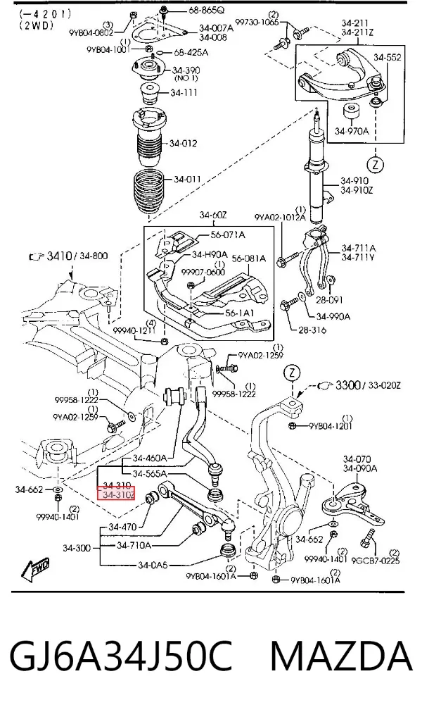 Brazo inferior izquierdo de la suspensión delantera GJ6A34J50C Mazda
