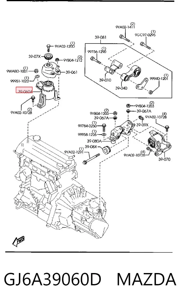 Soporte de motor derecho GJ6A39060D Mazda