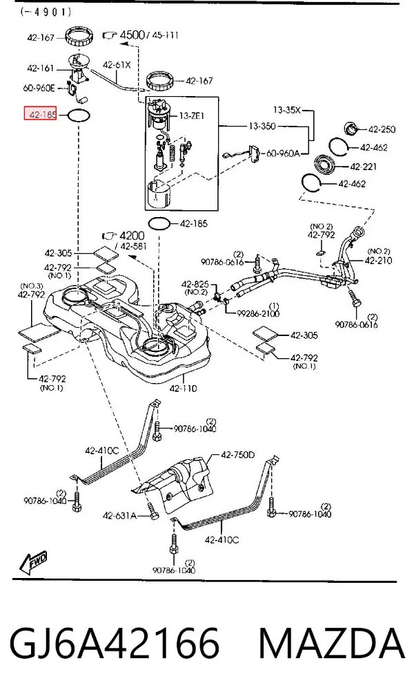Junta del sensor de nivel de combustible/bomba de combustible (depósito de combustible) GJ6A42166 Mazda