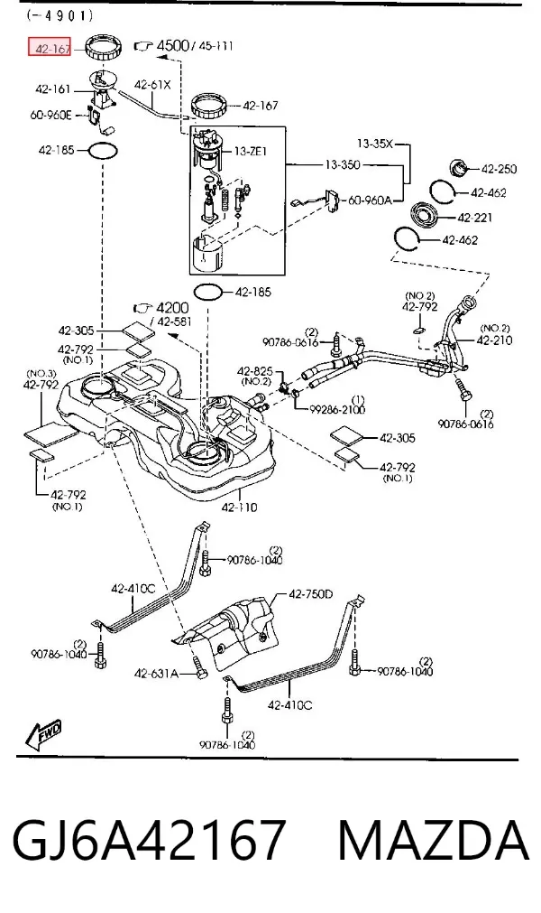 Junta del sensor de nivel de combustible/bomba de combustible (depósito de combustible) GJ6A42167 Mazda