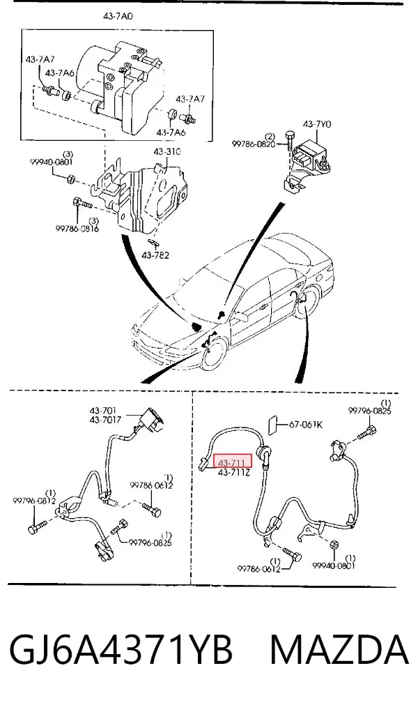 Sensor ABS trasero derecho GJ6A4371YB Mazda