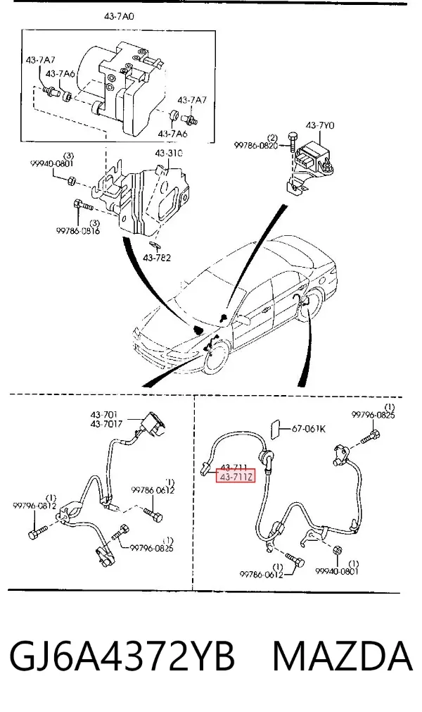 Sensor ABS trasero izquierdo GJ6A4372YB Mazda