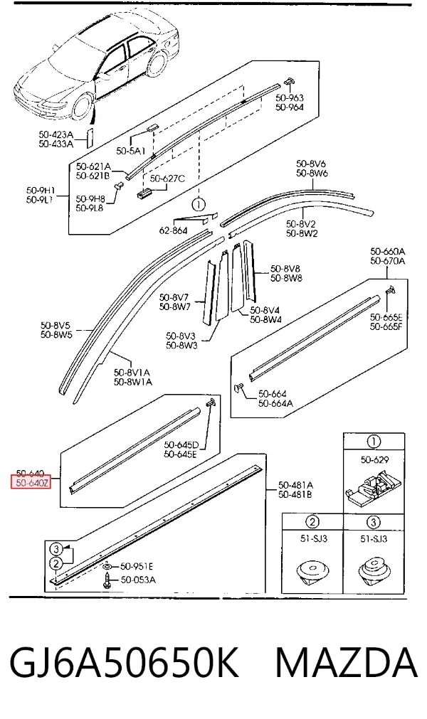 Moldura de cristal de la puerta delantera izquierda GJ6A50650K Mazda