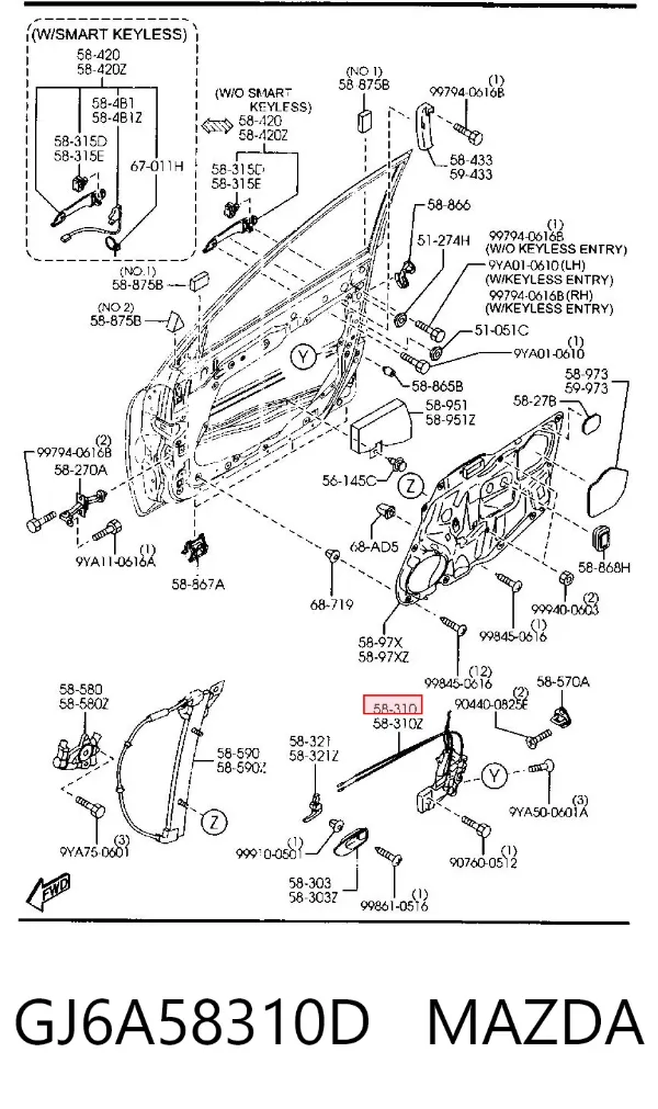 Cerradura de puerta delantera derecha GJ6A58310D Mazda