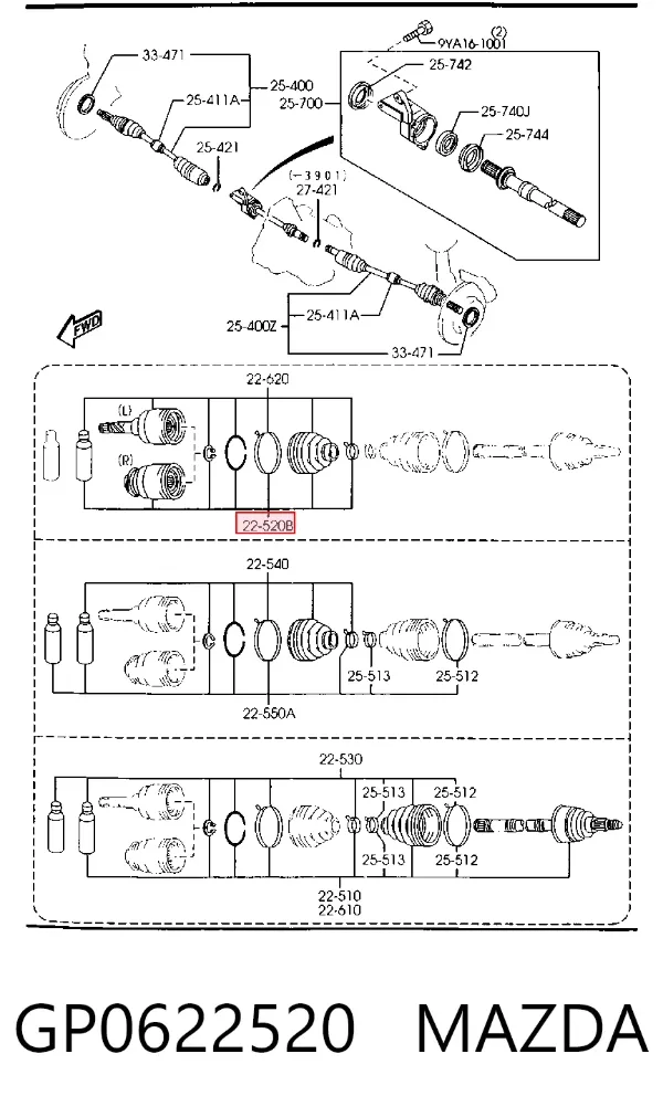 Junta homocinética interna delantera derecha GP0622520 Mazda