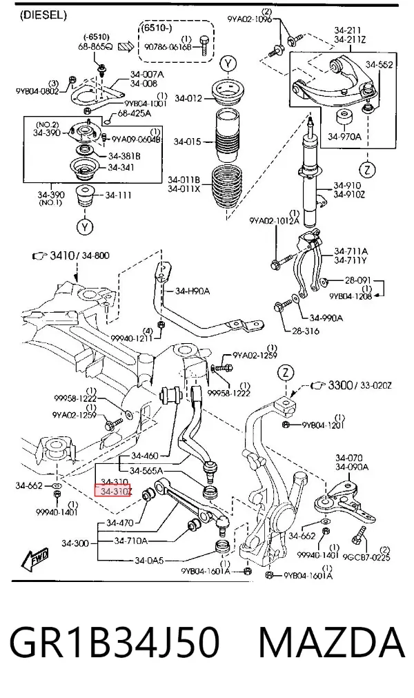 Brazo inferior izquierdo de la suspensión delantera GR1B34J50 Mazda