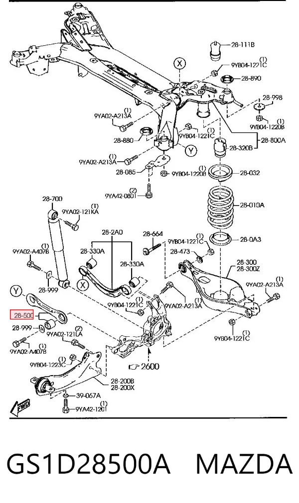 Brazo inferior trasero izquierdo/derecho GS1D28500A Mazda
