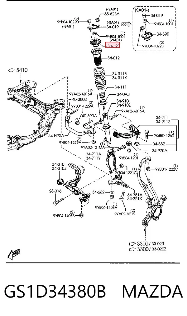 Soporte del amortiguador delantero GS1D34380B Mazda