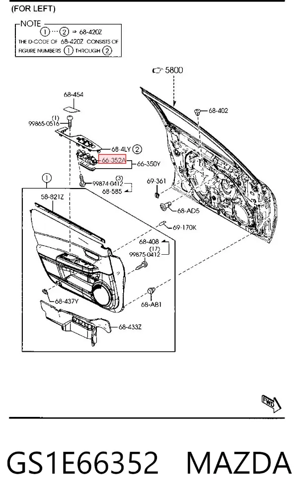 Interruptor de elevalunas delantera izquierda GS1E66352 Mazda