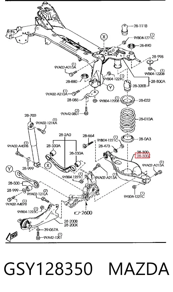 Brazo suspension trasero inferior izquierdo GSY128350 Mazda