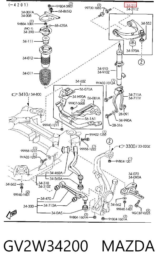 Brazo superior derecho de la suspensión delantera GV2W34200 Mazda