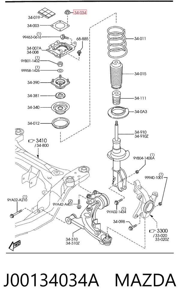 Soporte del amortiguador delantero J00134034A Mazda