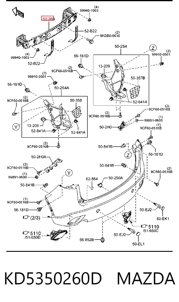 Refuerzo parachoques trasero KD5350260D Mazda