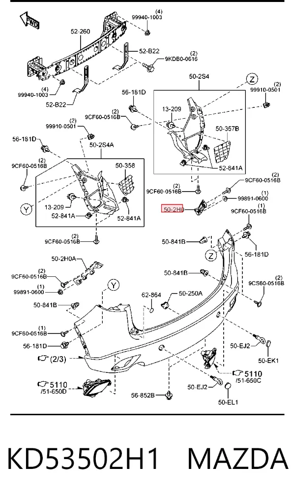 Soporte exterior derecho del parachoques trasero KD53502H1 Mazda