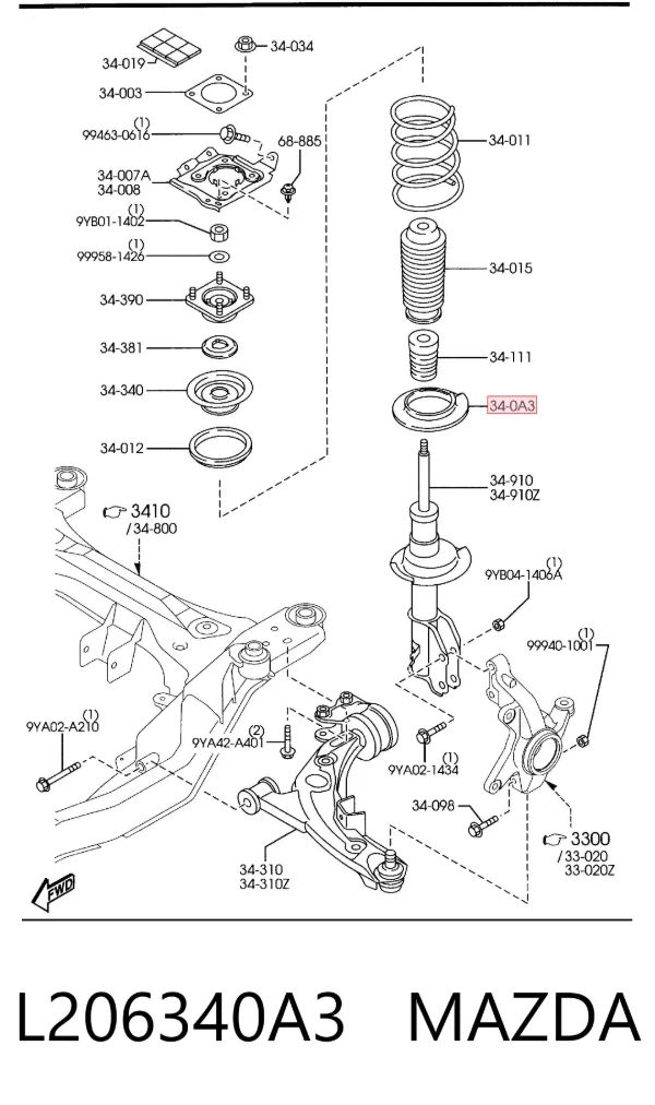 Espaciador de goma inferior del resorte delantero L206340A3 Mazda