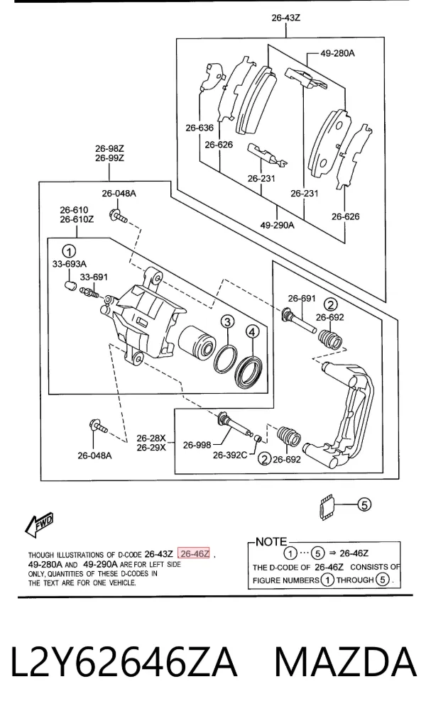 Kit de reparación de pinzas de freno trasero L2Y62646ZA Mazda