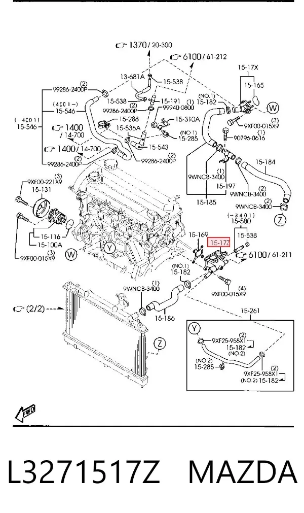 Brida del sistema de refrigeración (triple unión) L3271517Z Mazda