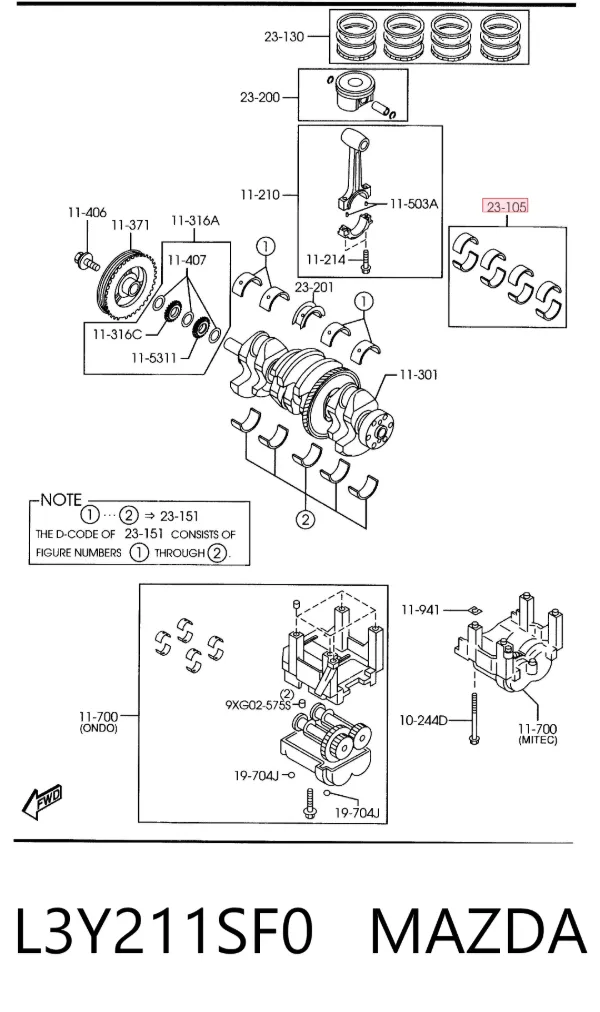 Juego de cojinetes de cigüeñal, cota de reparación (+0,25 mm) L3Y211SF0 Mazda