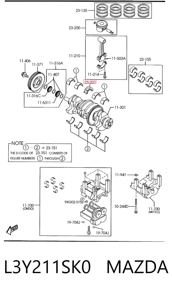 Juego de cojinetes de cigüeñal, cota de reparación (+0,25 mm) L3Y211SK0 Mazda