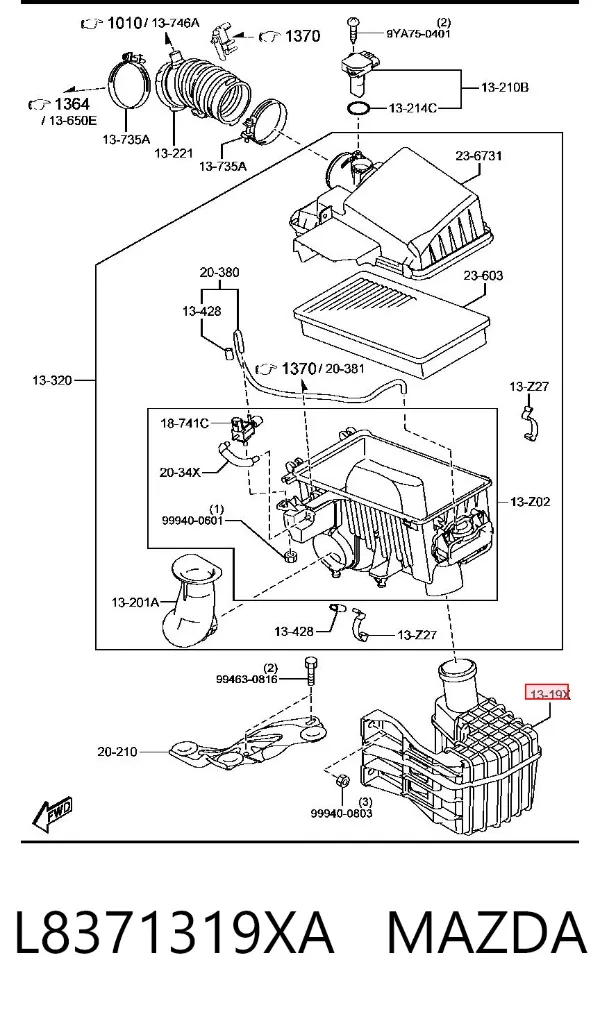 Resonador del filtro de aire L8371319XA Mazda
