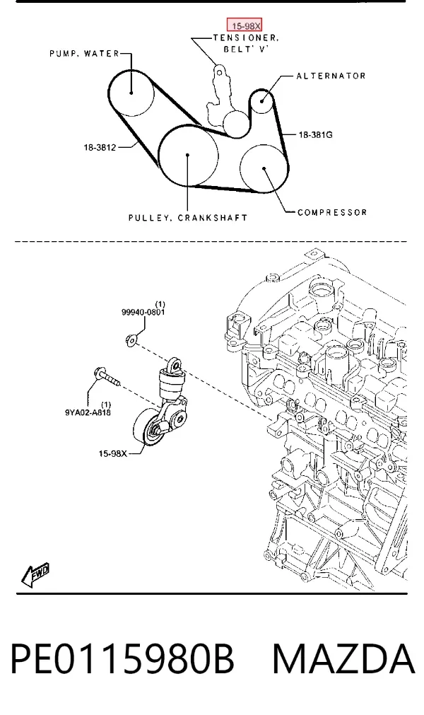 Tensor de correa poli V PE0115980B Mazda