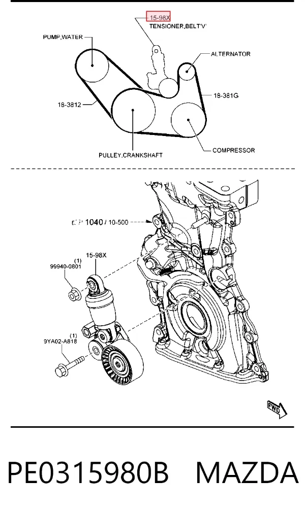 Tensor de correa poli V PE0315980B Mazda