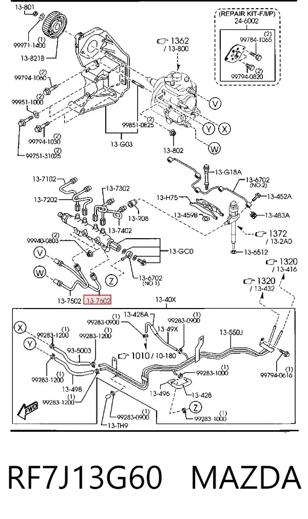 Tubo de combustible de la bomba de alta presión al riel de combustible RF7J13G60 Mazda
