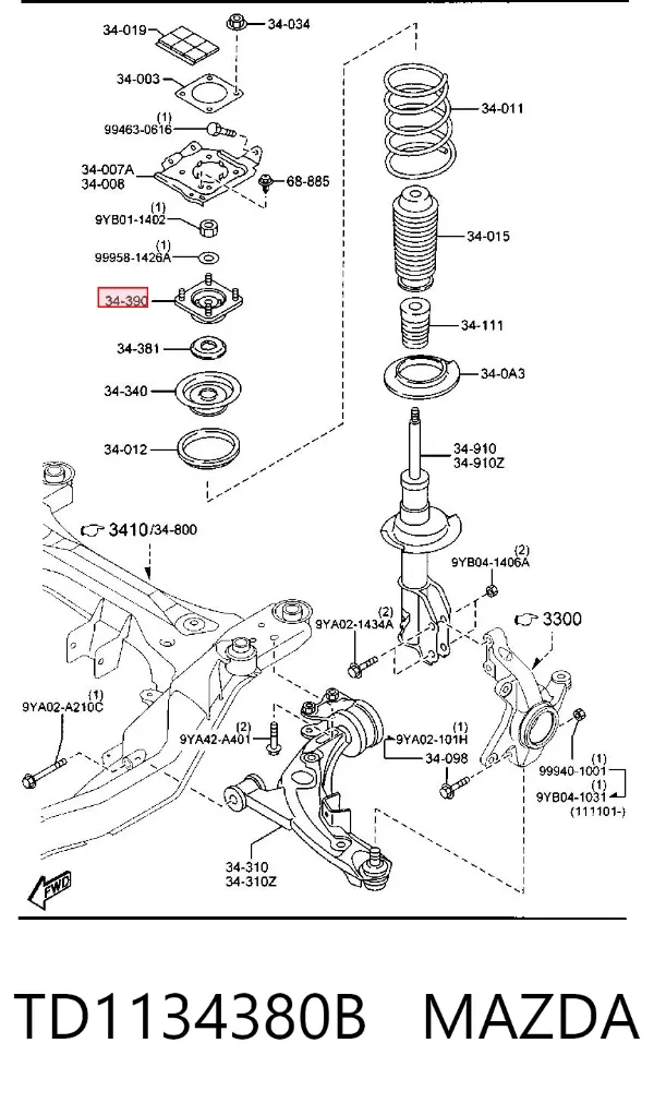 Soporte del amortiguador delantero TD1134380B Mazda
