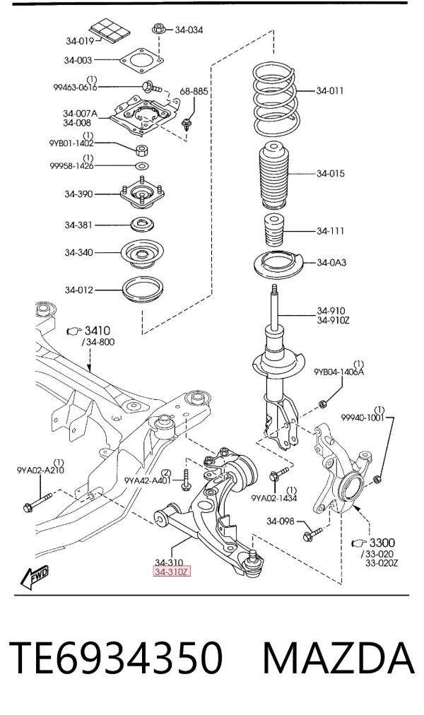 Brazo inferior izquierdo de la suspensión delantera TE6934350 Mazda