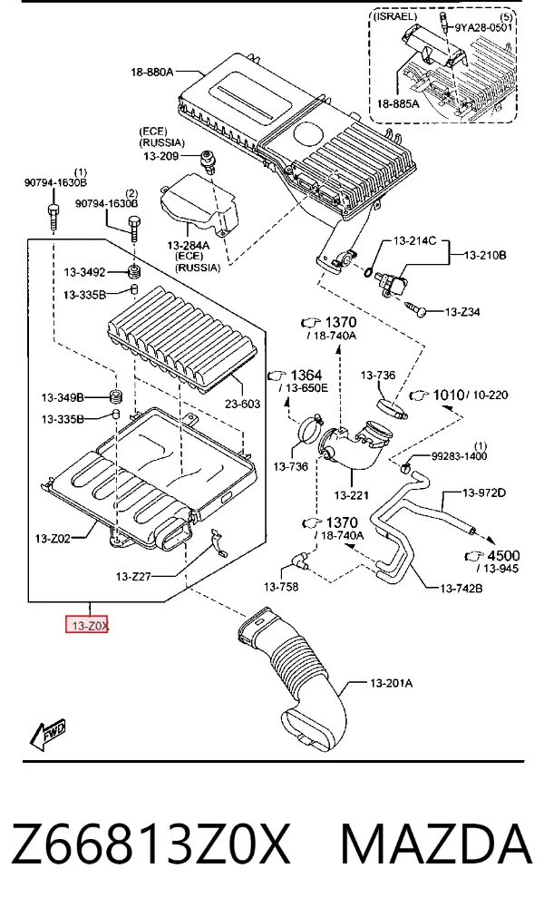 Caja del filtro de aire, parte inferior Z66813Z0X Mazda