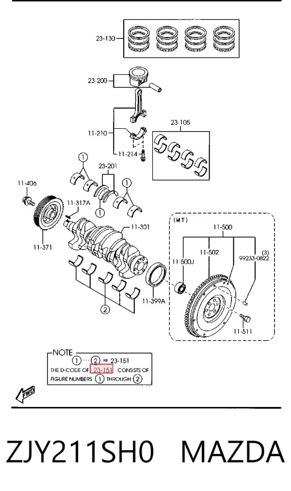 Juego de cojinetes de cigüeñal, cota de reparación (+0,25 mm) ZJY211SH0 Mazda