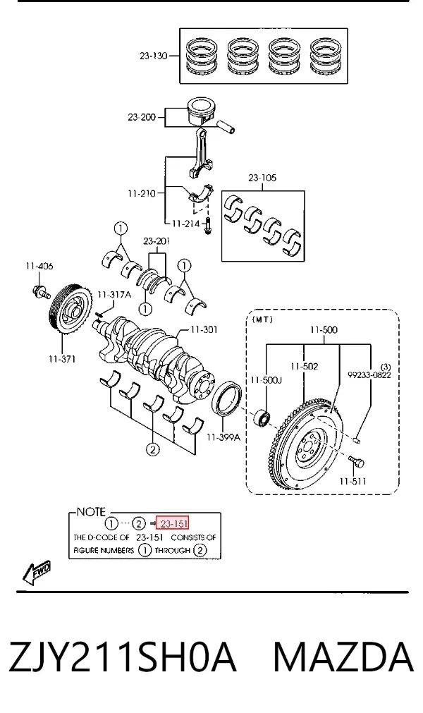 Juego de cojinetes de cigüeñal, cota de reparación (+0,25 mm) ZJY211SH0A Mazda