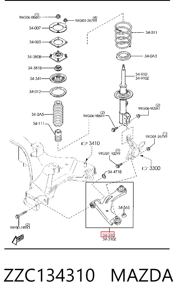 Brazo inferior derecho de la suspensión delantera ZZC134310 Mazda